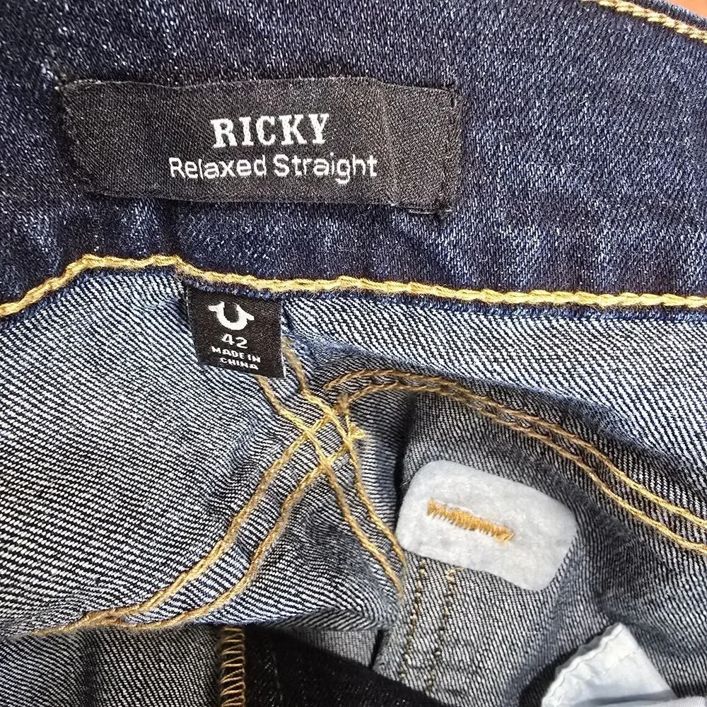 NEW True Religion Mens Ricky SN Relaxed Straight 5 Pocket Dark Wash Jeans 42x34